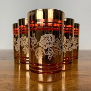 Set of 6 Vintage Ornate Drinking Glasses Made in Korea Flowers Gold Colored